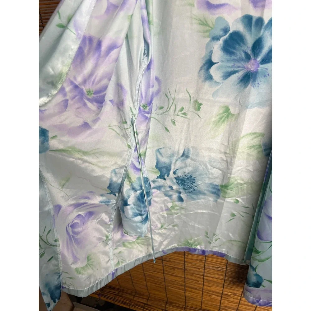 LA Intimates Floral Satin Robe Womens Large Blue Purple Mint Green Kimono Wrap